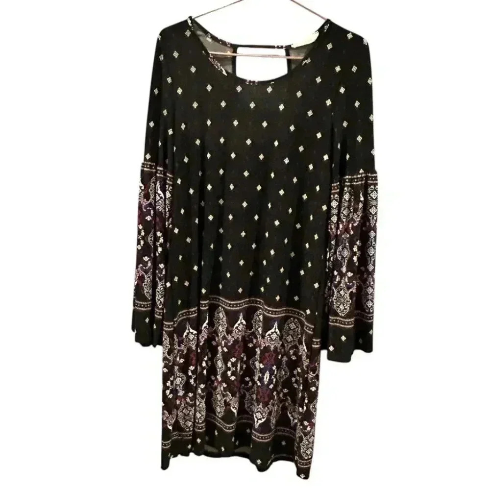 entro Black Long Sleeve Patterned Midi Dress